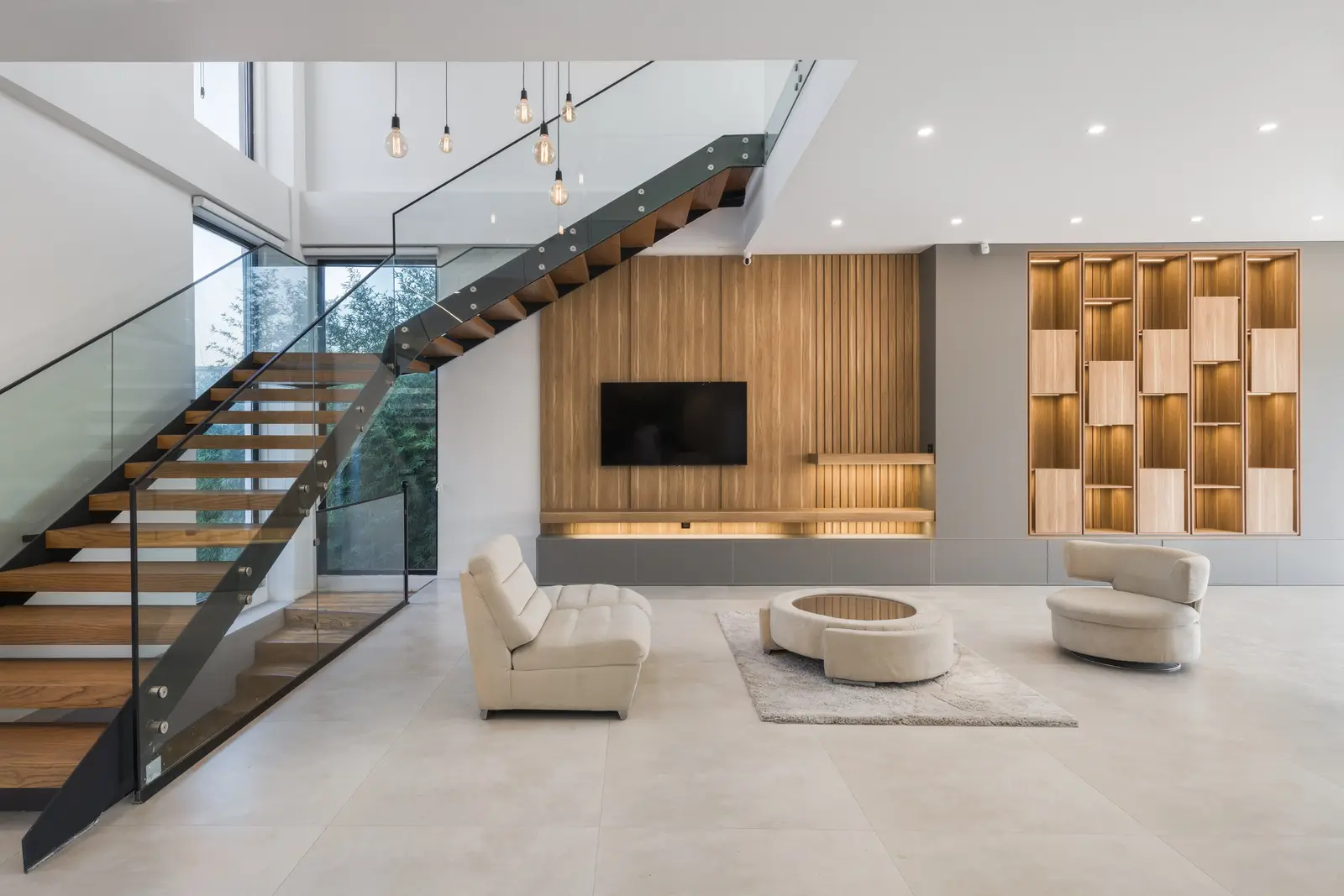 Living room under the floating stair