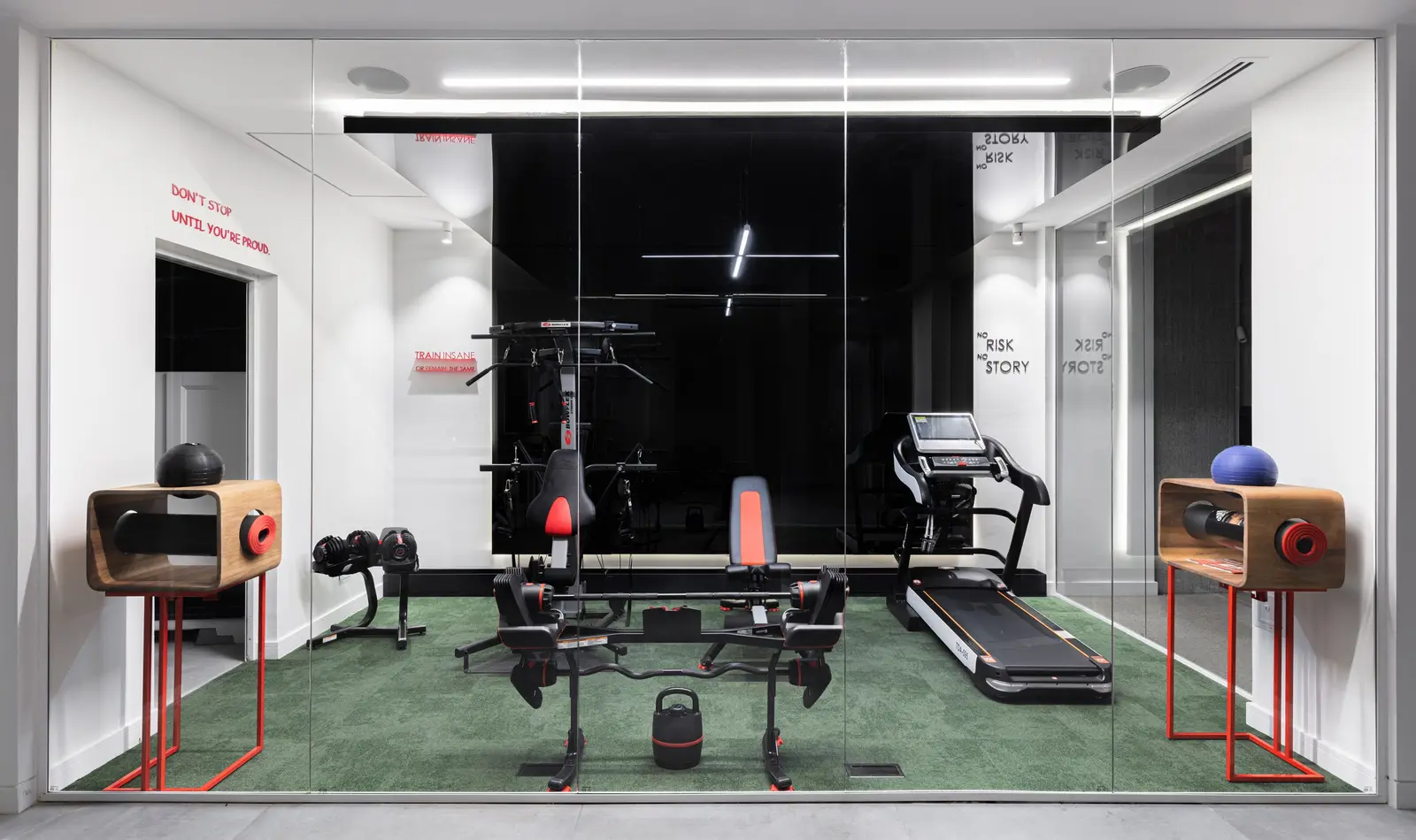 Private gym behind glass with green floor