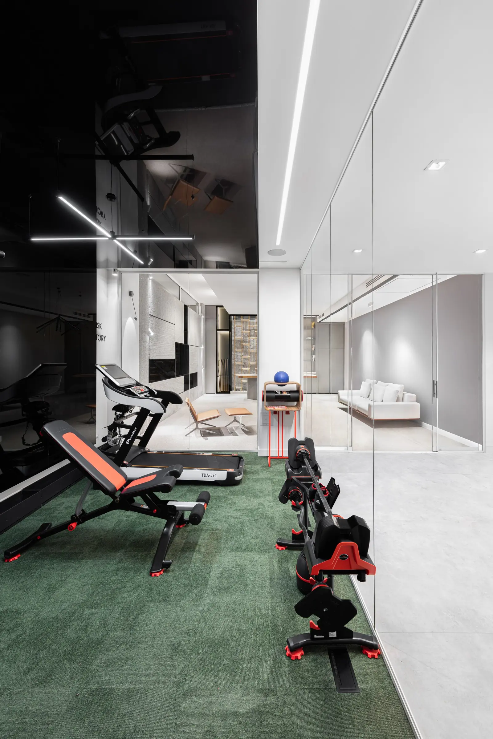 Gym equipment on the green floor