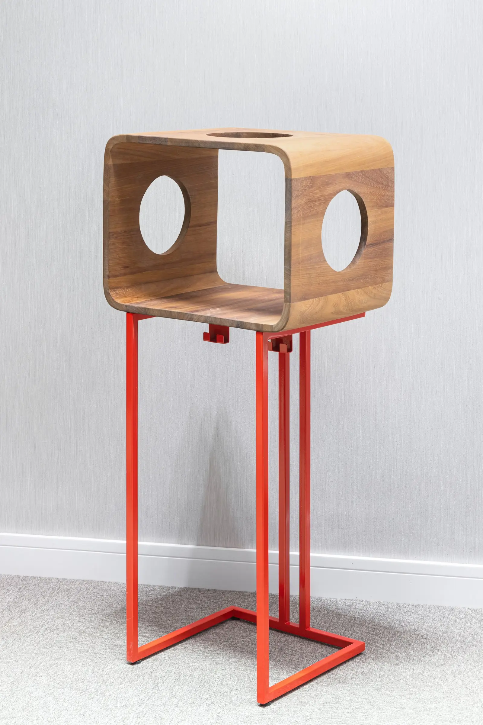 Sports equipment storage unit, walnut box on red steel legs