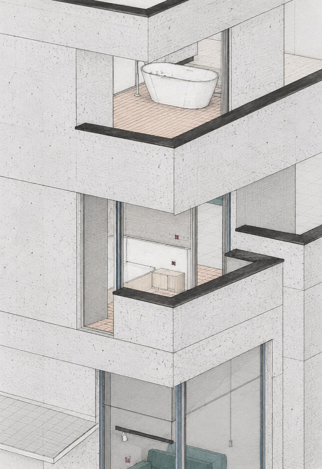 Axonometric of the bedroom pulled out for a 180° view