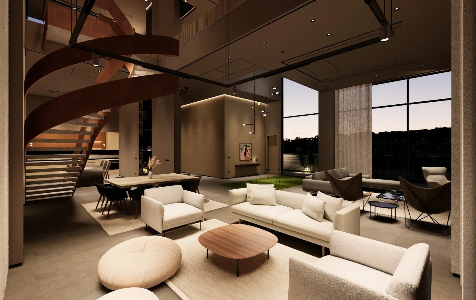 Living room with the sculptural stair
