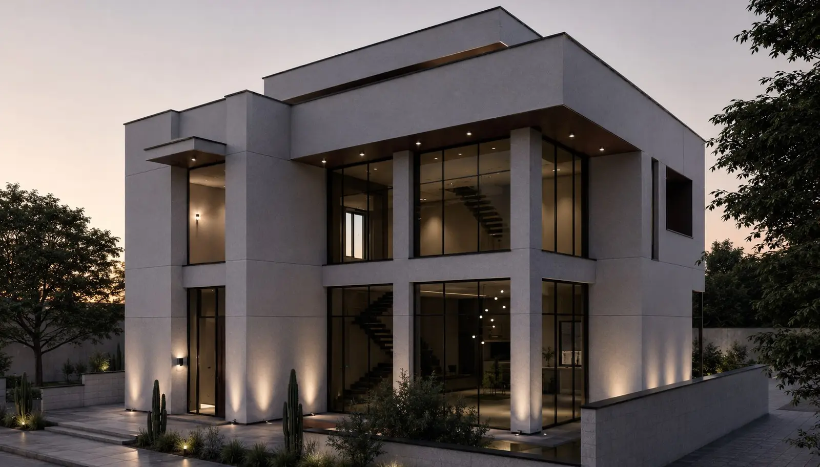 Rendered facade at dusk