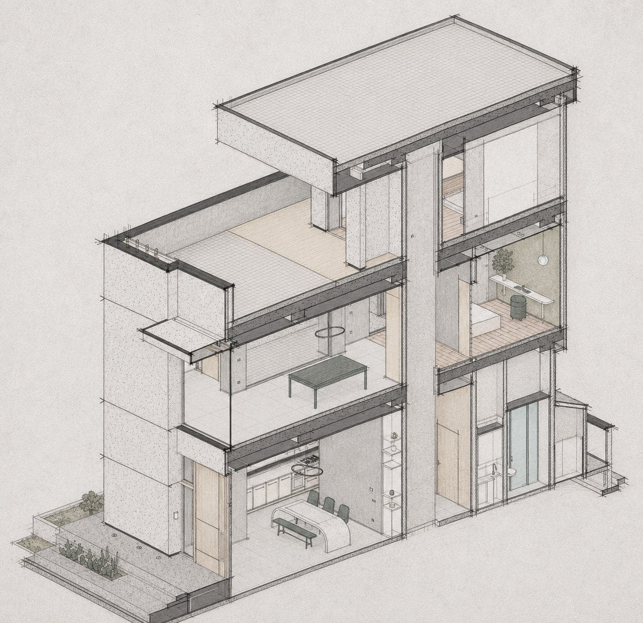 Cut axonometric of the house