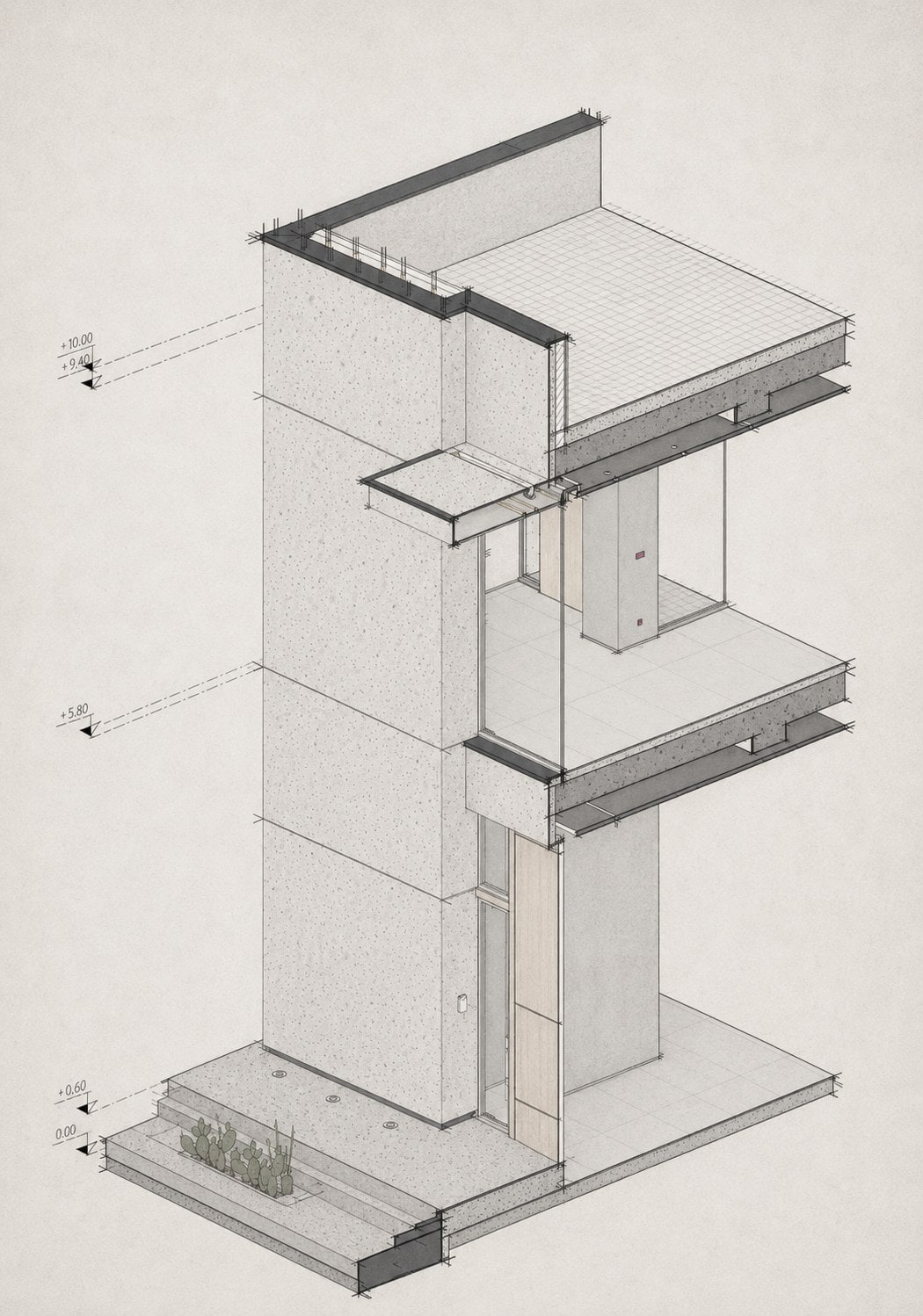 Axonometric of the structure and volumes